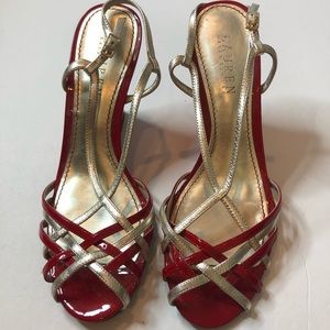 Ralph Lauren Red and gold Strappy Wedges